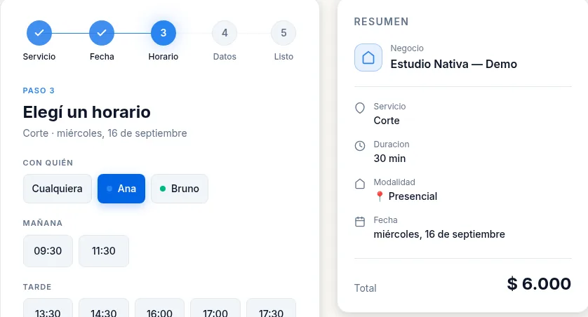 Paso para elegir horario en la página pública de reservas de Mateturnos, con resumen del servicio