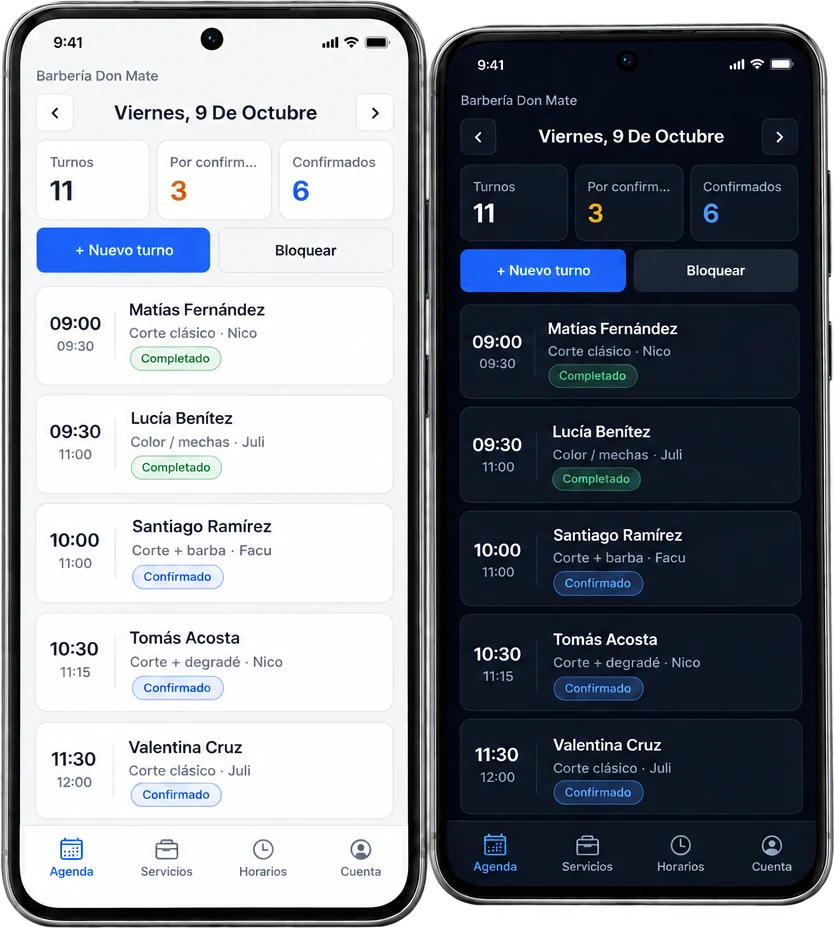 Agenda diaria de la app móvil de Mateturnos en modo claro y modo oscuro, con turnos del día y su estado